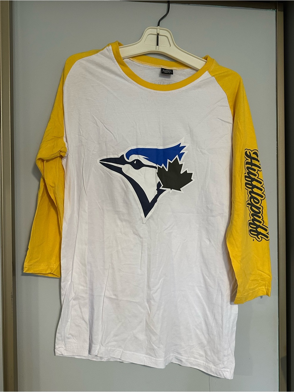Men's White and Yellow Long Sleeve Raglan Shirt with Blue Jay Logo